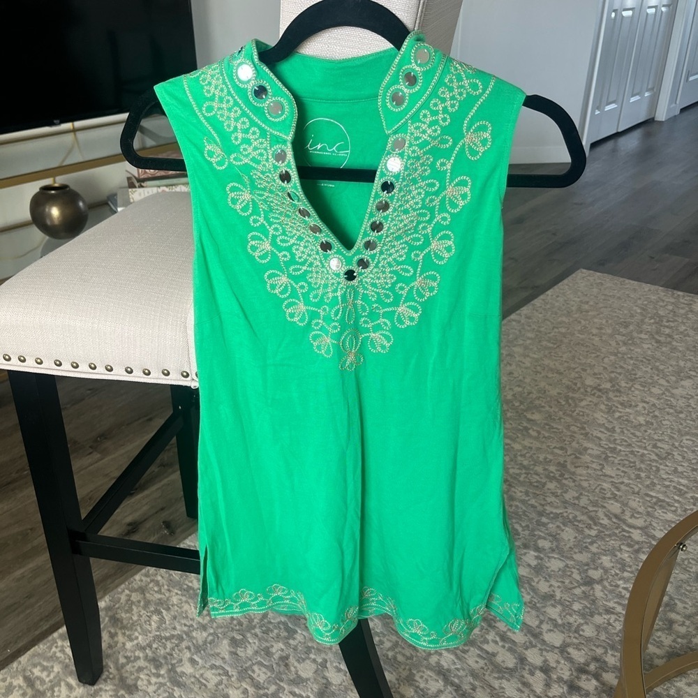 INC Sleeveless Embroidered Silver Embellished V-Neck Top, Green, Size M